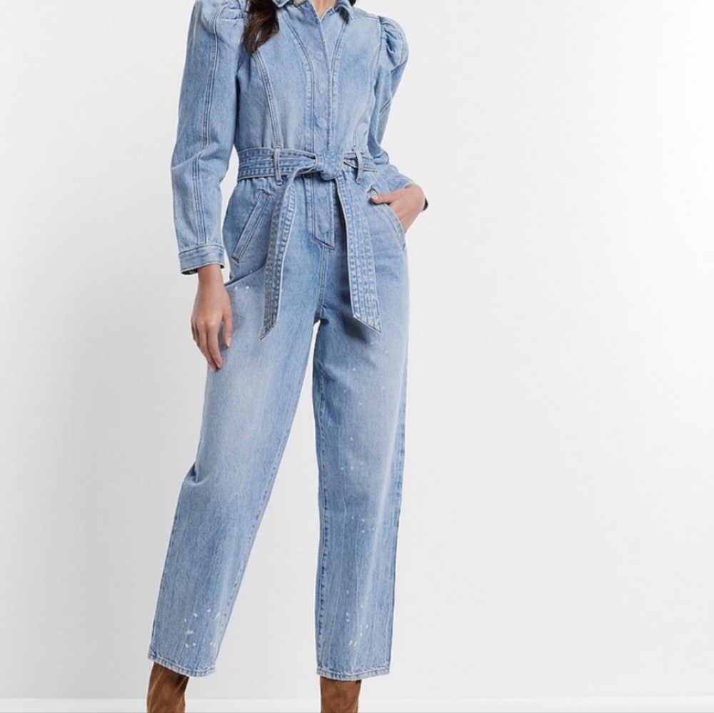 Puff SLEEVE TIE WAIST Stylish Denim Jumpsuit